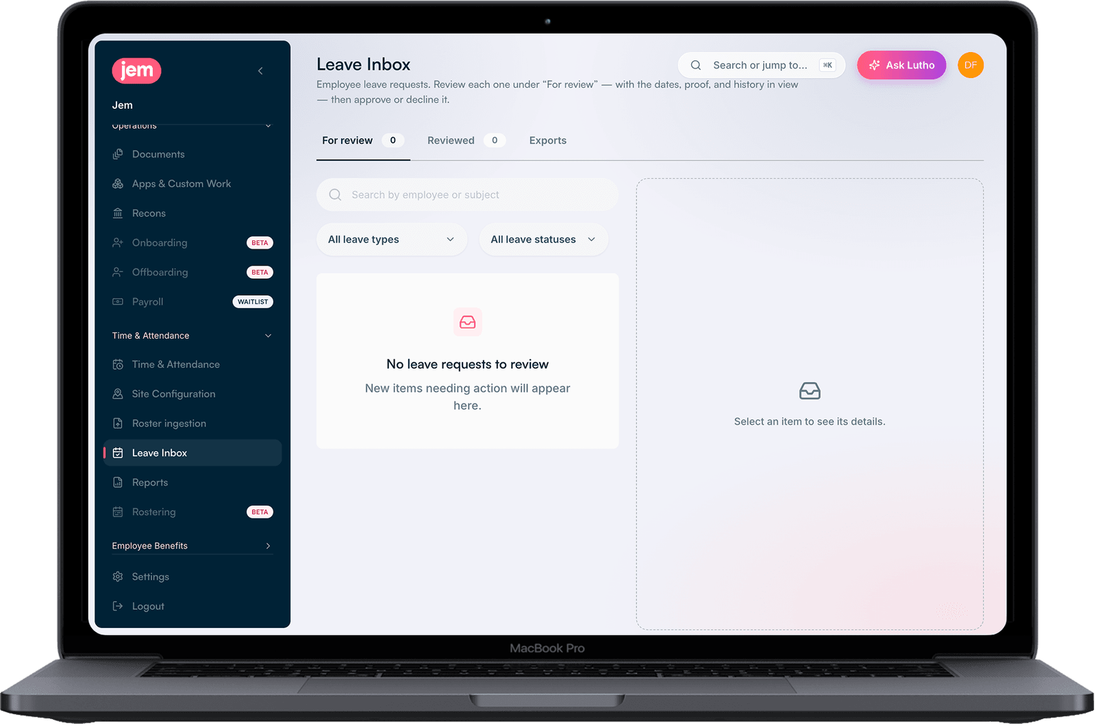 The Jem Hub on a laptop, showing the Leave Inbox with no requests waiting to be reviewed